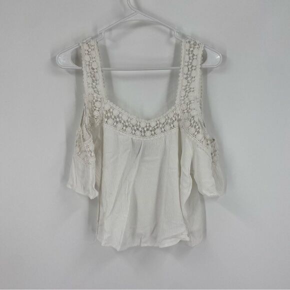 American Rag Women’s Square Neck Short Sleeve cold Shoulder Cropped White Blouse - Picture 1 of 3